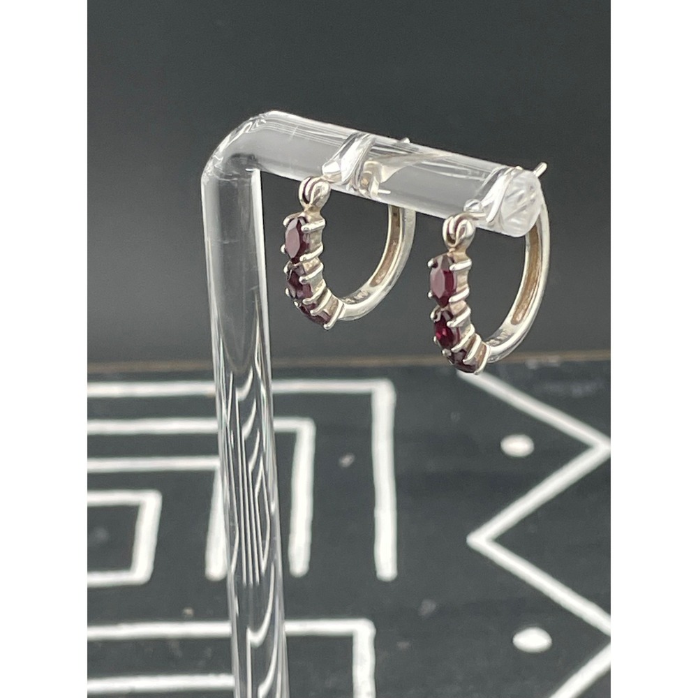 Sterling Silver Garnet Hoop Earrings 925 Marquise Cut Garnets Huggie Hoops